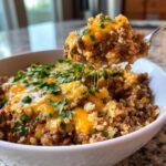 A spoonful of Keto Creamy Taco Skillet with cauliflower rice, ground beef, and melted cheddar cheese being lifted from a white bowl.