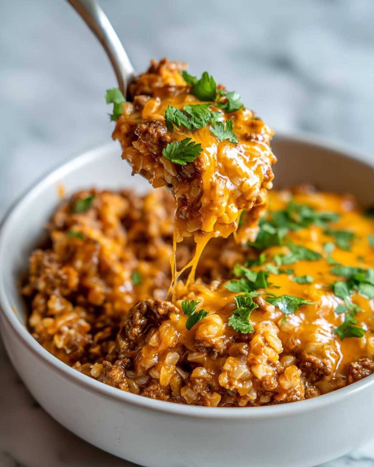A spoonful of Keto Creamy Taco Skillet with cauliflower rice, ground beef, and melted cheddar cheese being lifted from a bowl.