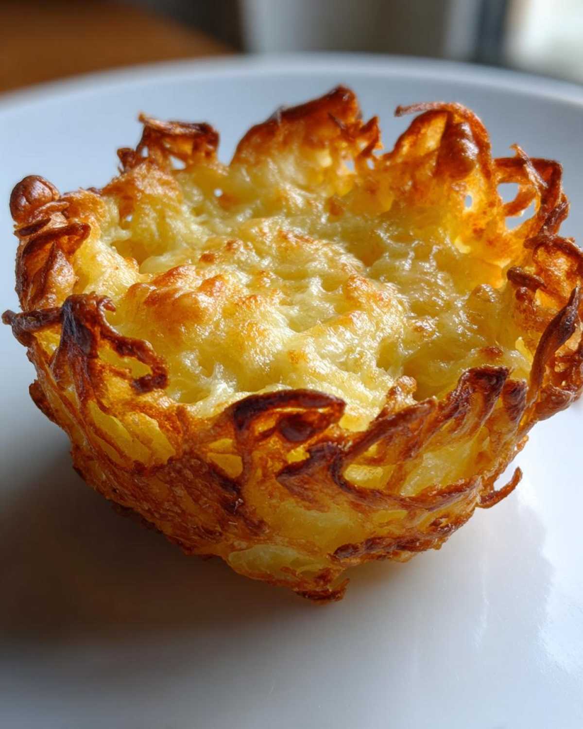 Close-up of a golden brown, crispy Keto Crispy Cheese Taco Shell Bowl with melted cheese filling.