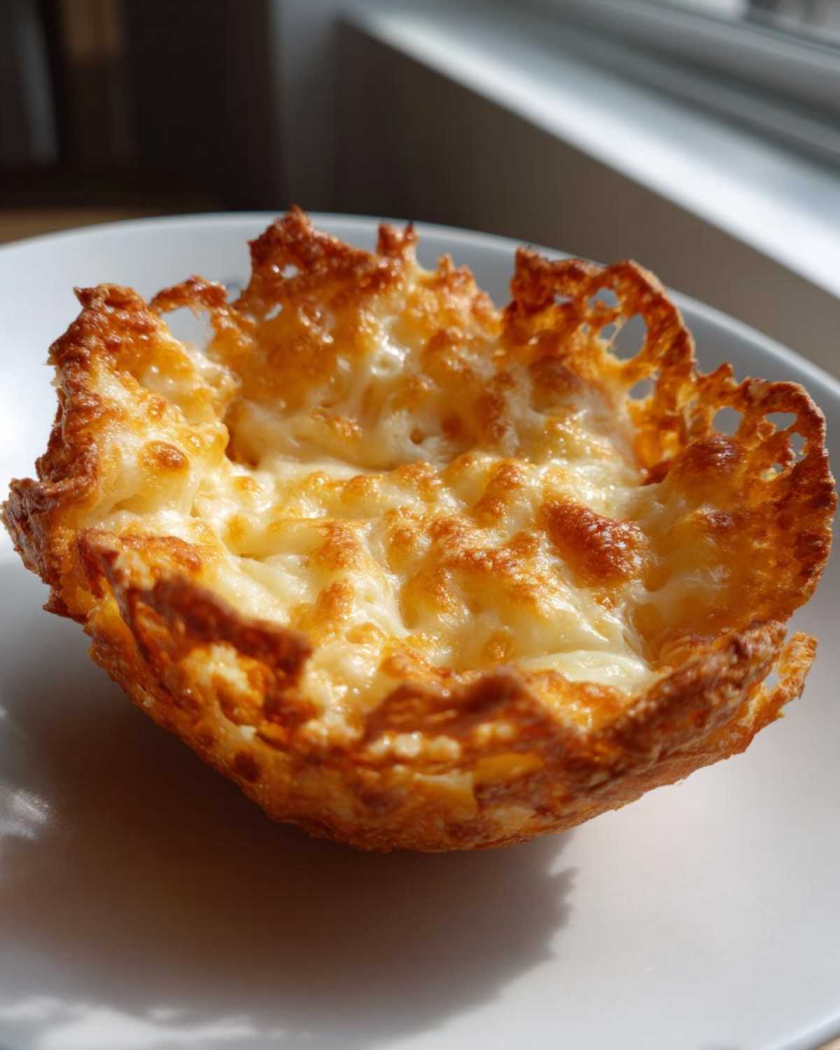 A golden brown, crispy Keto Crispy Cheese Taco Shell Bowl sitting on a white plate, lit by natural light.
