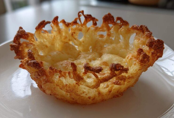 A close-up of a single, golden-brown, crispy Keto Crispy Cheese Taco Shell Bowl resting on a white plate.
