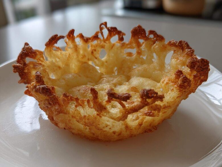 A close-up of a single, golden-brown, crispy Keto Crispy Cheese Taco Shell Bowl resting on a white plate.