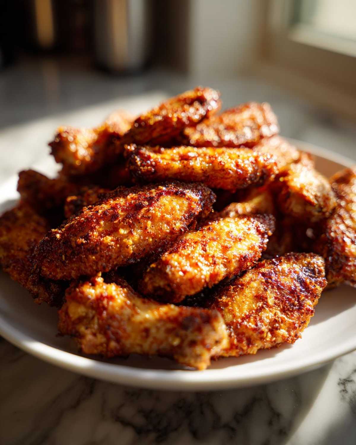 A close-up of a mound of golden-brown, crispy Keto Crispy Parmesan Chicken Wings piled high on a white plate.