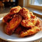 A close-up, sunlit photo of a mound of golden-brown Keto Crispy Parmesan Chicken Wings piled high on a white plate.