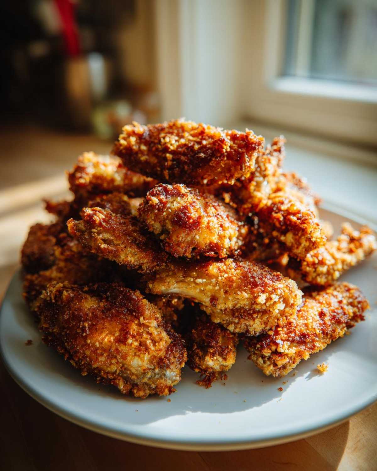 A generous pile of golden brown Keto Crispy Parmesan Chicken Wings stacked on a white plate.