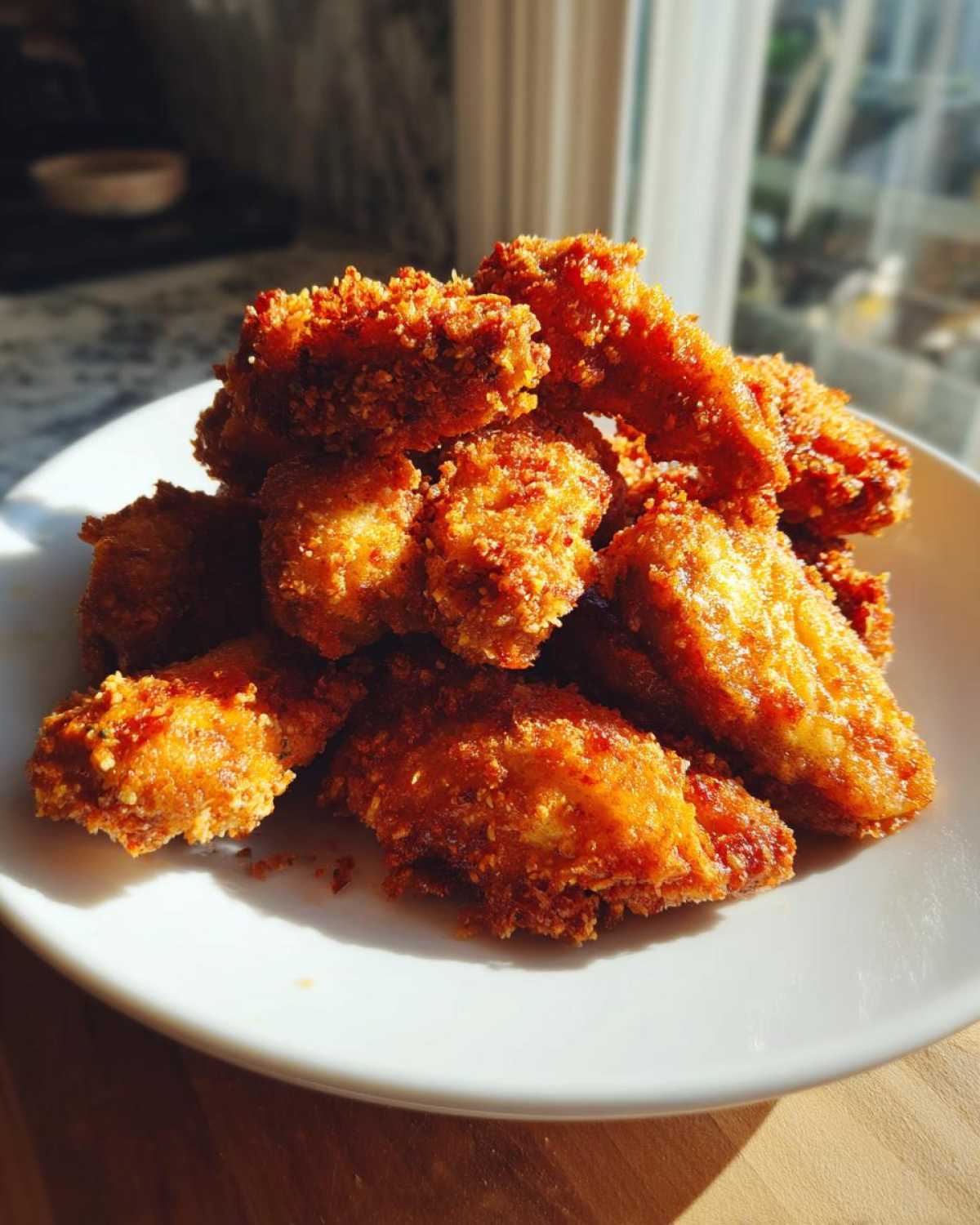 A mound of golden brown, crispy Keto Crispy Parmesan Chicken Wings piled high on a white plate.