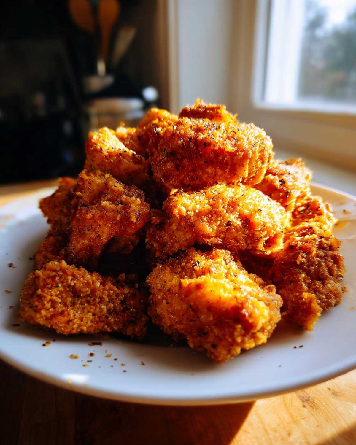 A mound of golden brown, crispy Keto Crispy Parmesan Chicken Wings piled high on a white plate.
