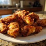 A pile of golden brown, crispy Keto Crispy Parmesan Chicken Wings served on a white plate.