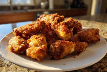 A pile of golden brown, crispy Keto Crispy Parmesan Chicken Wings served on a white plate.
