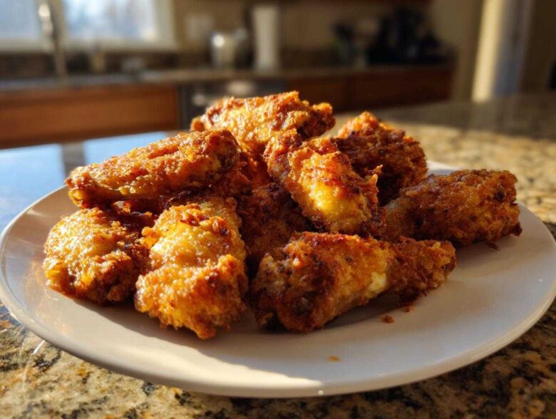 A pile of golden brown, crispy Keto Crispy Parmesan Chicken Wings served on a white plate.