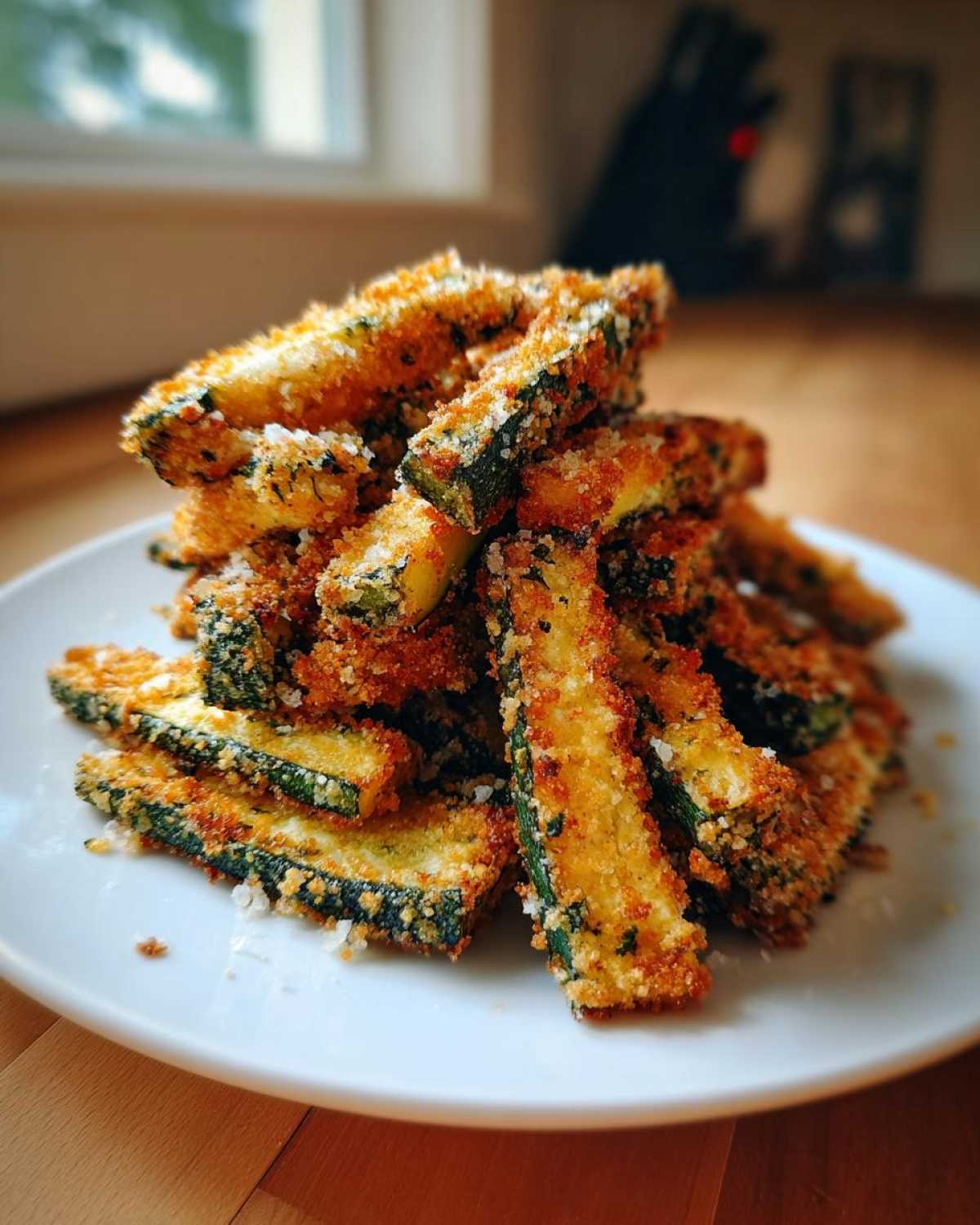 A close-up of a mound of golden brown Keto Crispy Parmesan Zucchini Fries stacked high on a white plate.
