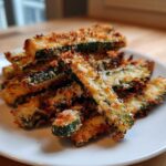 A pile of golden brown Keto Crispy Parmesan Zucchini Fries stacked on a white plate.