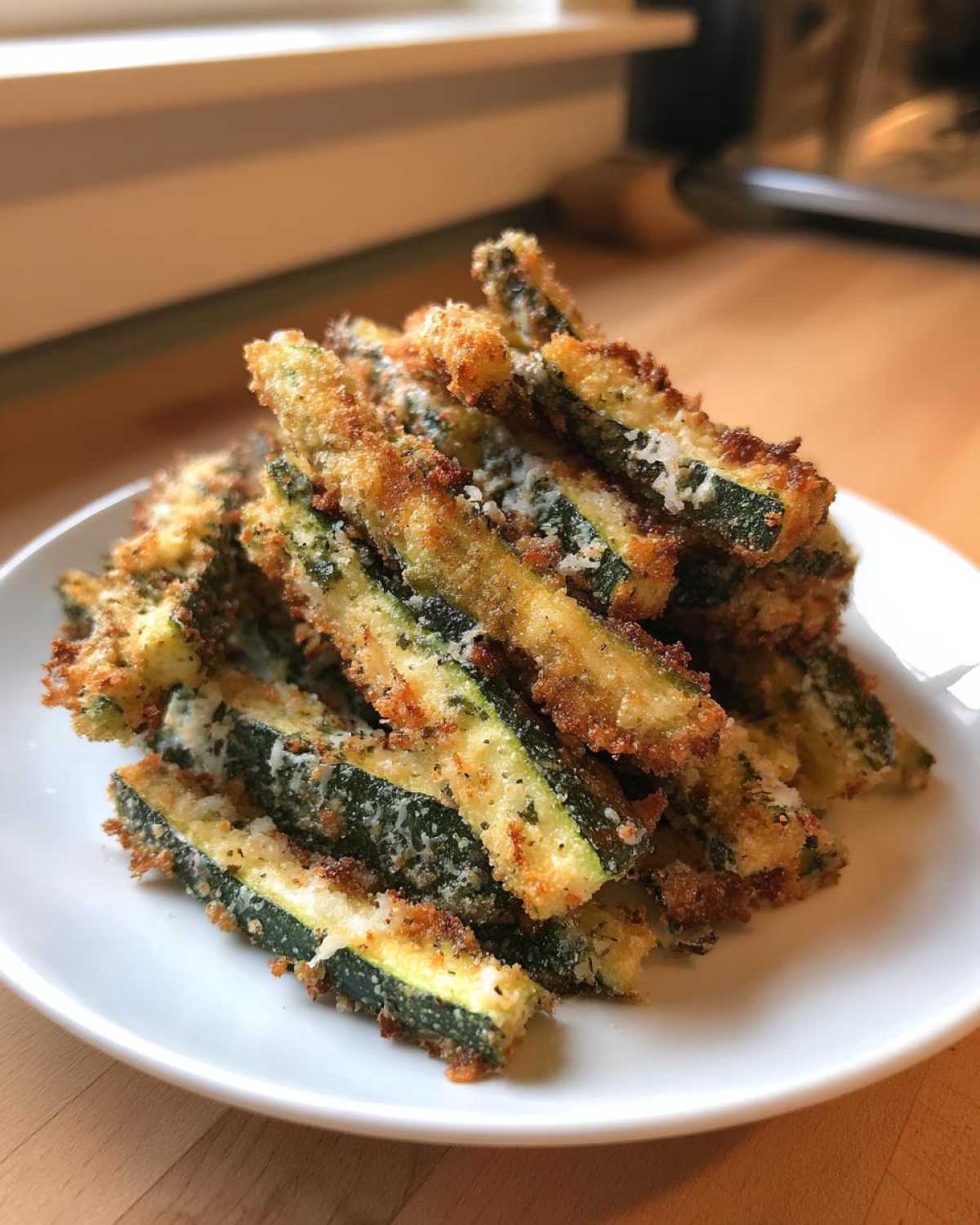 A close-up of a white plate piled high with golden-brown Keto Crispy Parmesan Zucchini Fries.