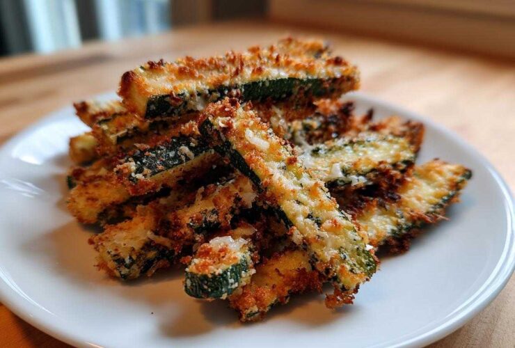 A pile of golden brown Keto Crispy Parmesan Zucchini Fries stacked on a white plate.