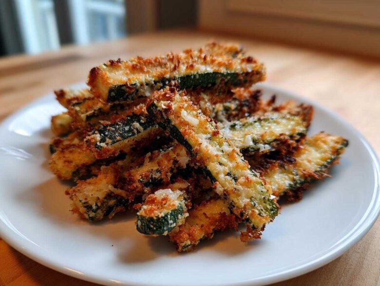 A pile of golden brown Keto Crispy Parmesan Zucchini Fries stacked on a white plate.