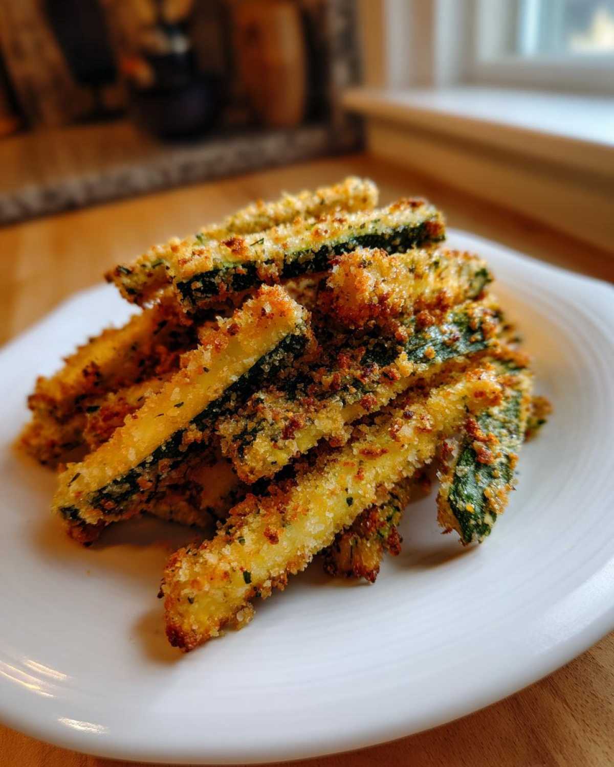 A close-up of a stack of golden brown, crispy Keto Crispy Parmesan Zucchini Fries on a white plate.