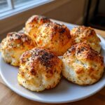 Five golden brown Keto Everything Bagel Cloud Bread buns topped with black poppy seeds on a white plate.