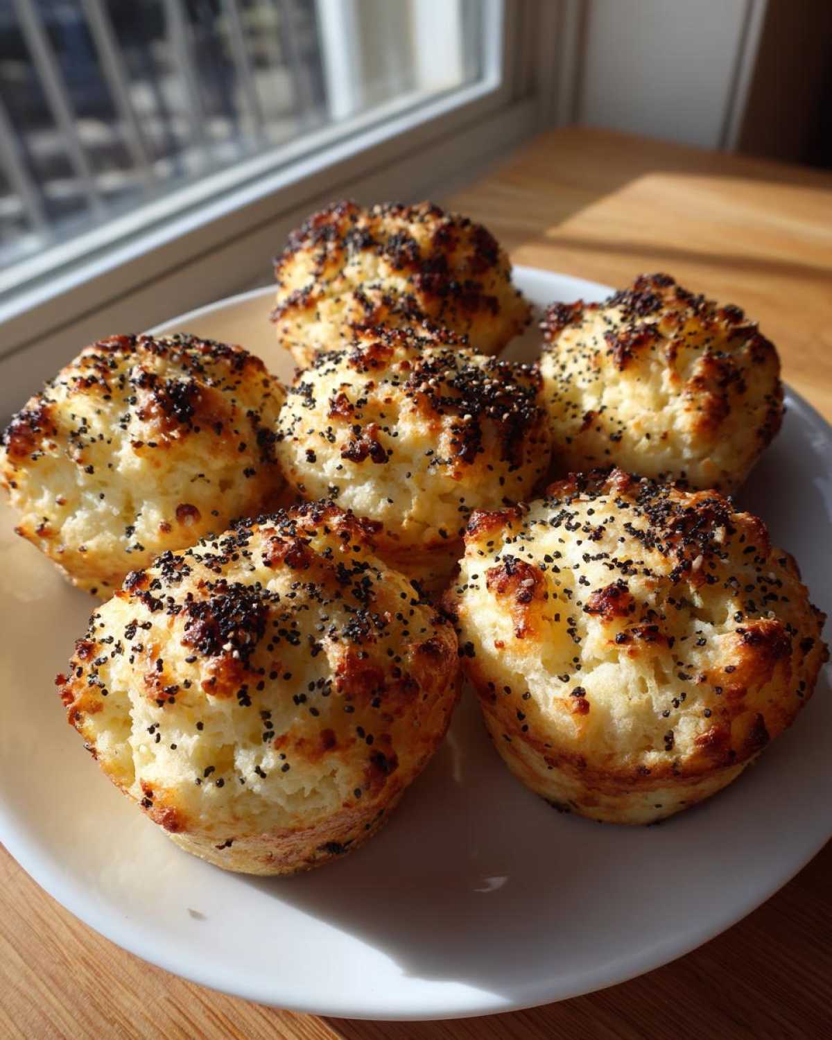 Six golden brown Keto Everything Bagel Cloud Bread buns, topped with poppy seeds, resting on a white plate near a window.