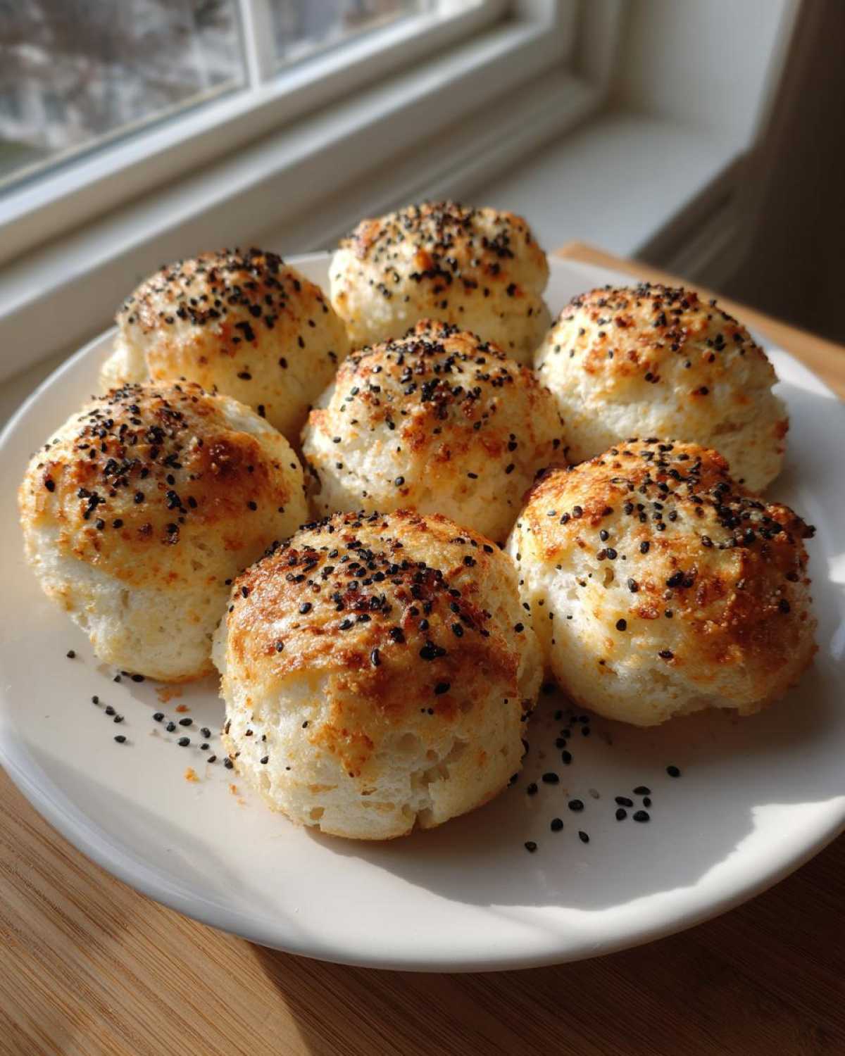 Seven golden-brown Keto Everything Bagel Cloud Bread buns topped with black sesame seeds on a white plate.