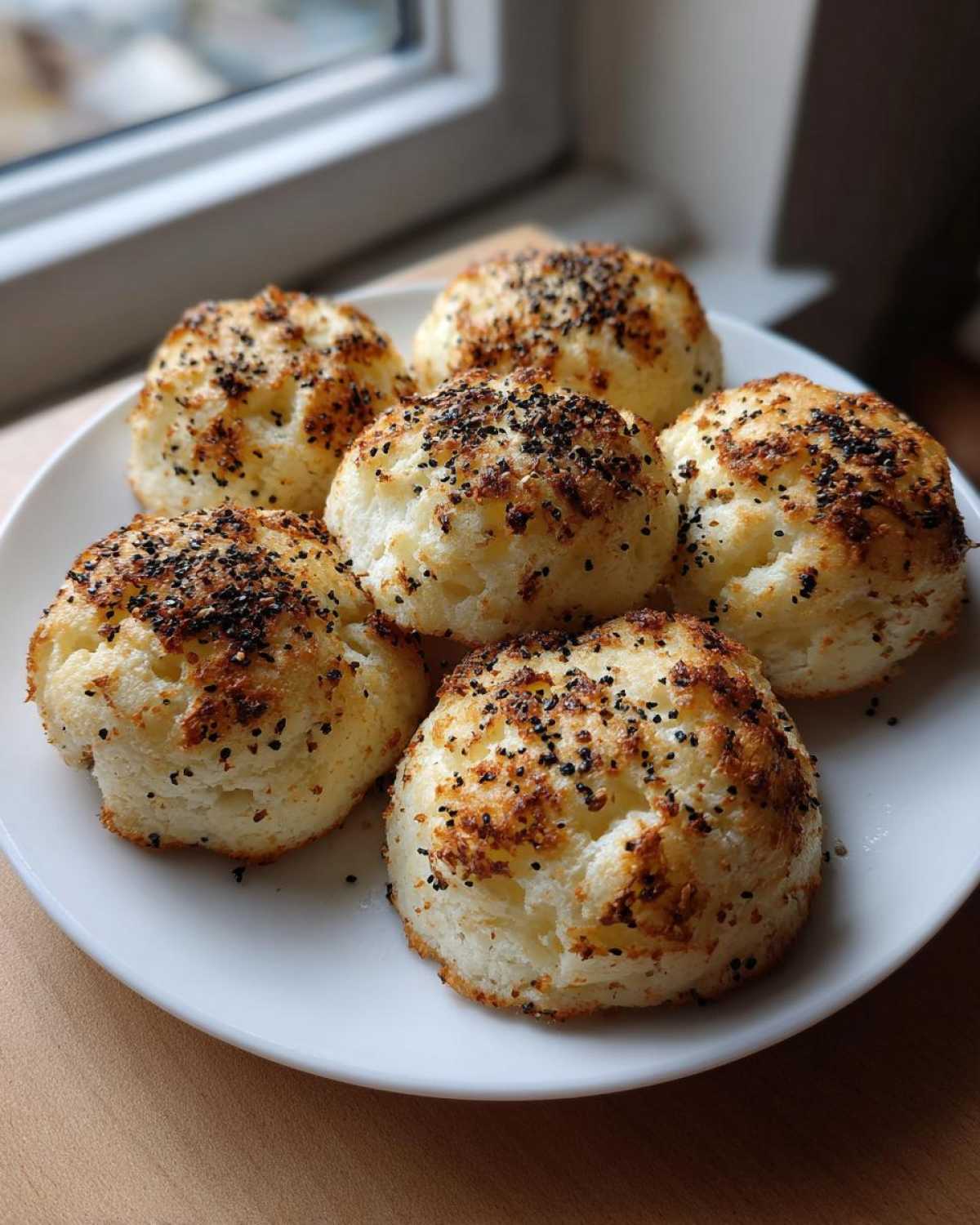 Six golden-brown Keto Everything Bagel Cloud Bread buns topped with everything bagel seasoning on a white plate.