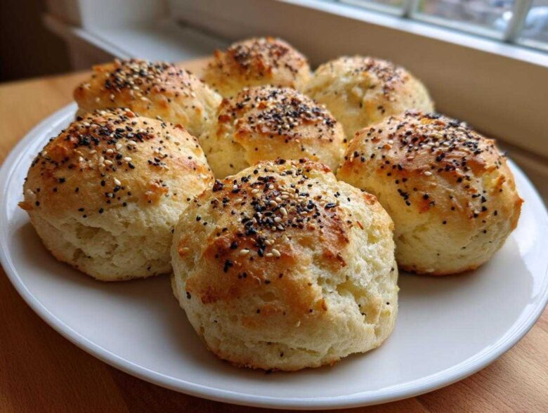 Six freshly baked Keto Everything Bagel Cloud Bread buns topped with seeds, arranged on a white plate near a window.