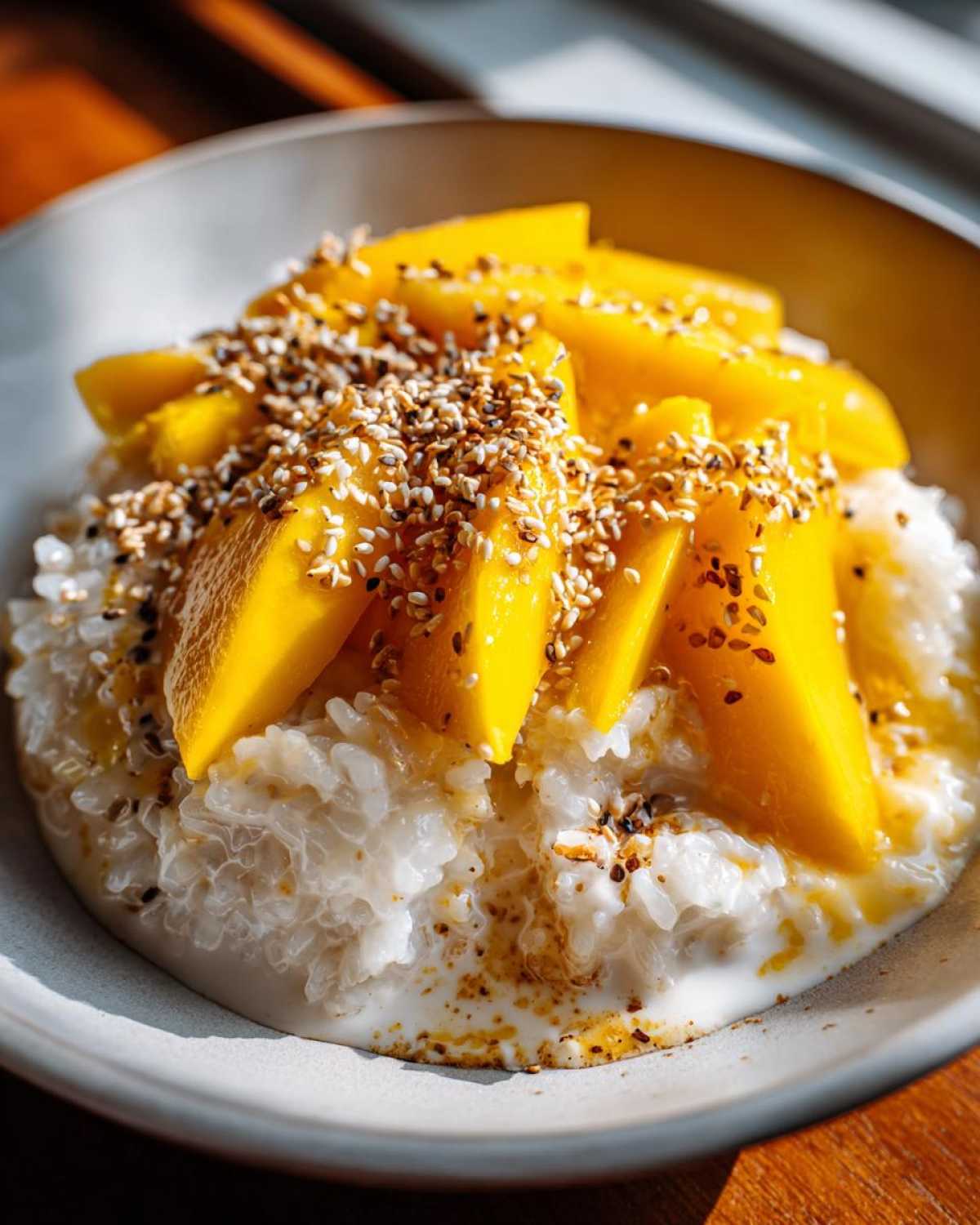 A bowl of creamy mango sticky rice topped with bright yellow mango slices and toasted sesame seeds.