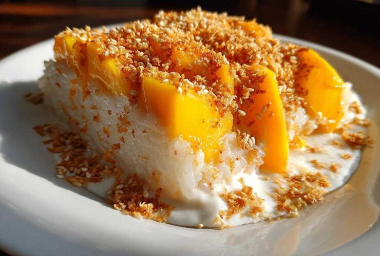 A close-up of a serving of mango sticky rice, topped with fresh mango slices and toasted sesame seeds.