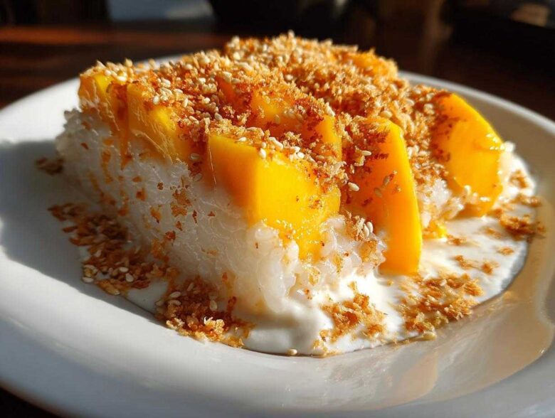 A close-up of a serving of mango sticky rice, topped with fresh mango slices and toasted sesame seeds.
