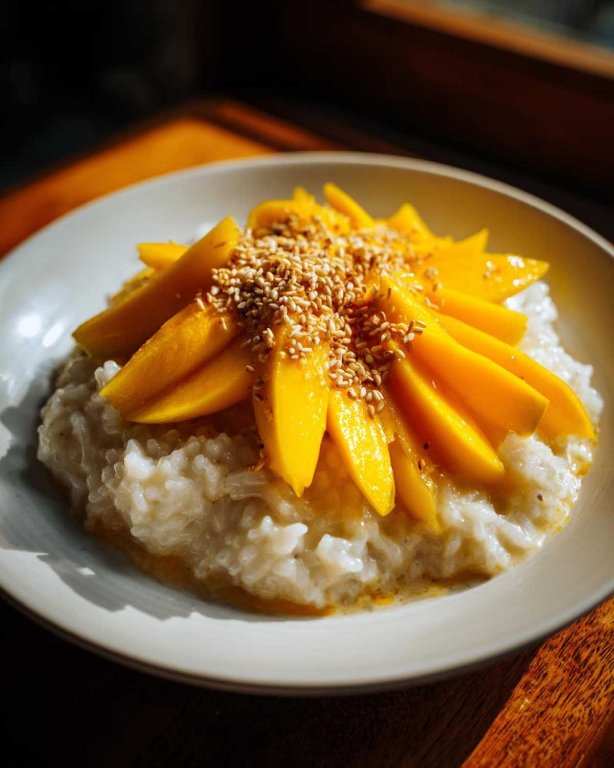 A bowl of creamy mango sticky rice topped with bright yellow mango slices and toasted sesame seeds.