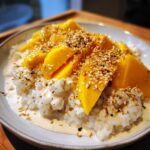 Close-up of vibrant mango sticky rice topped with toasted sesame seeds and coconut cream.