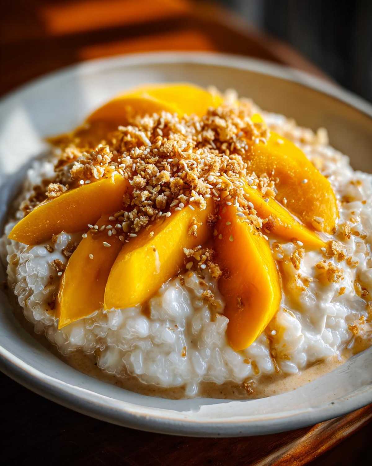 Close-up of creamy mango sticky rice topped with sliced fresh mango and crunchy toasted sesame seeds.