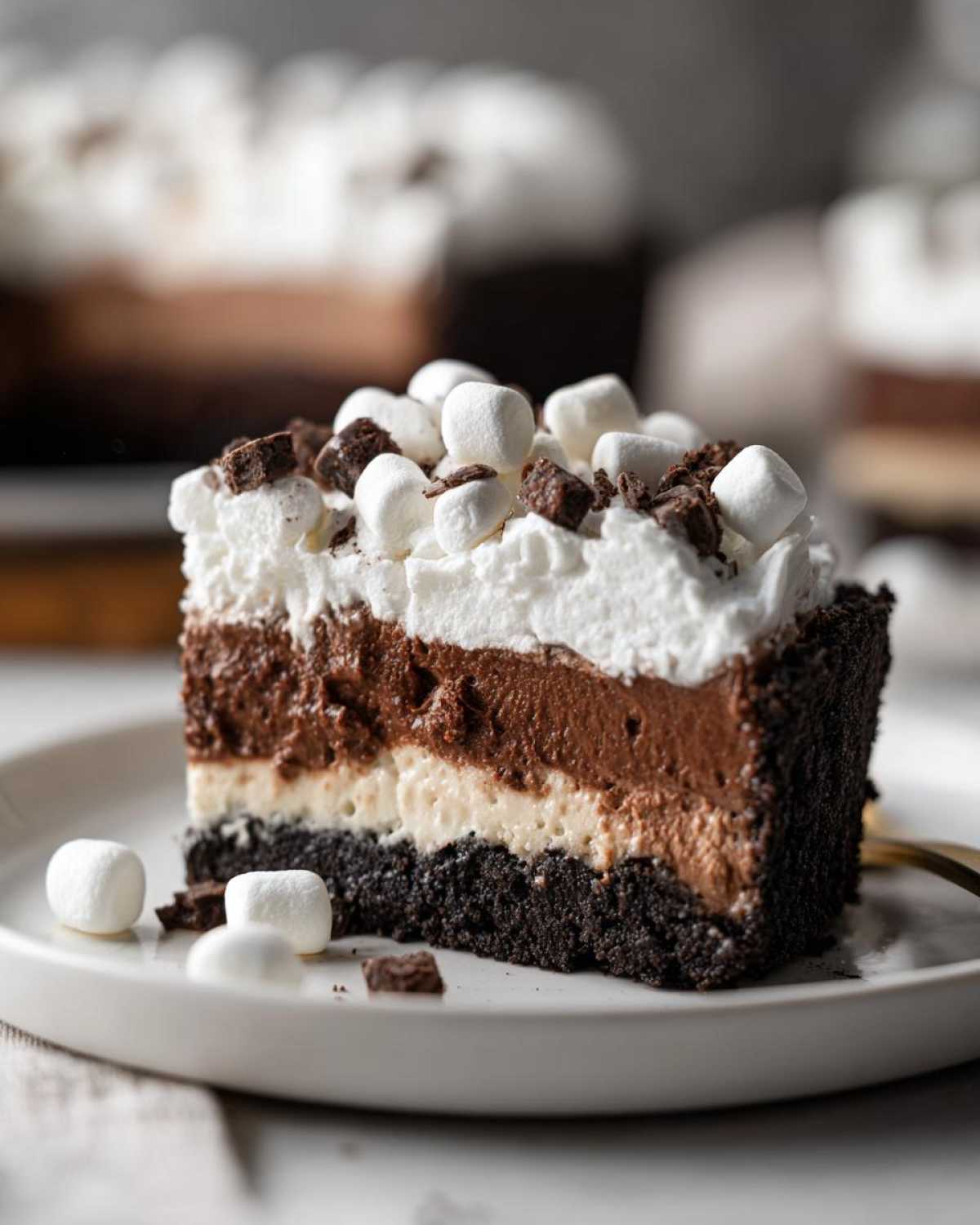 A decadent slice of Mississippi Mud Pie showing four distinct layers topped with whipped cream, mini marshmallows, and chocolate chunks.
