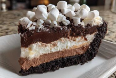 Close-up of a decadent slice of Mississippi Mud Pie showing four distinct layers topped with mini marshmallows.