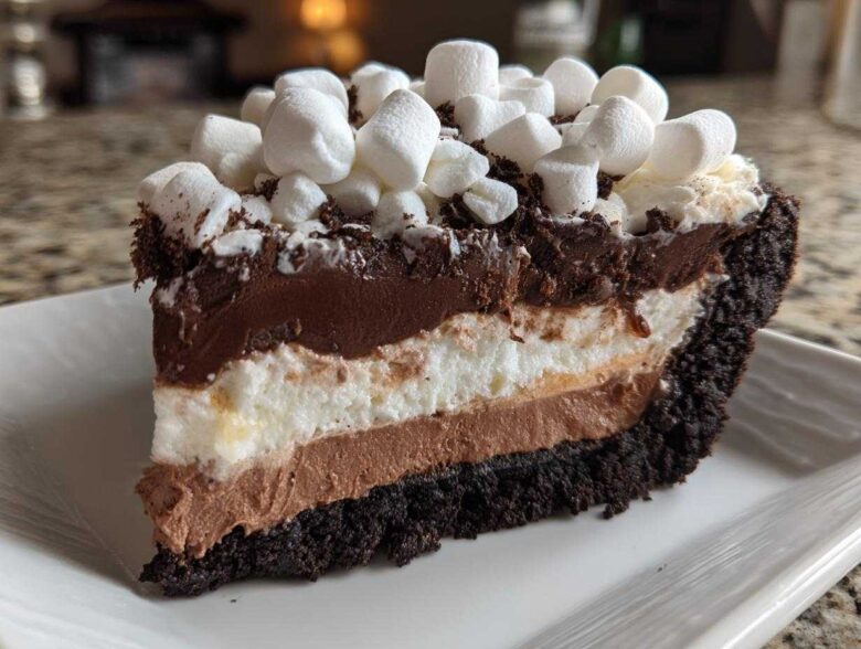 Close-up of a decadent slice of Mississippi Mud Pie showing four distinct layers topped with mini marshmallows.