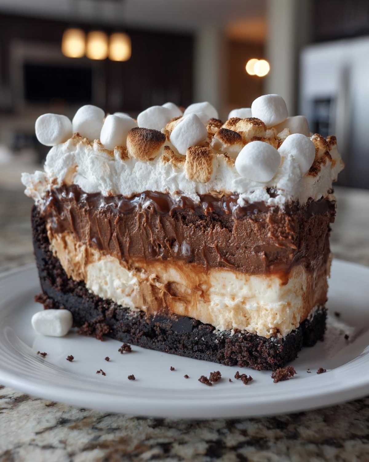 Close-up of a thick slice of Mississippi Mud Pie showing four distinct layers topped with toasted marshmallows.