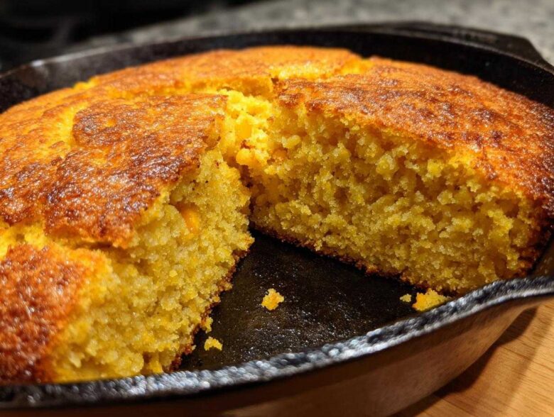 Close-up of moist, golden cornbread with a dark, crispy crust, cut open in a black cast iron skillet.
