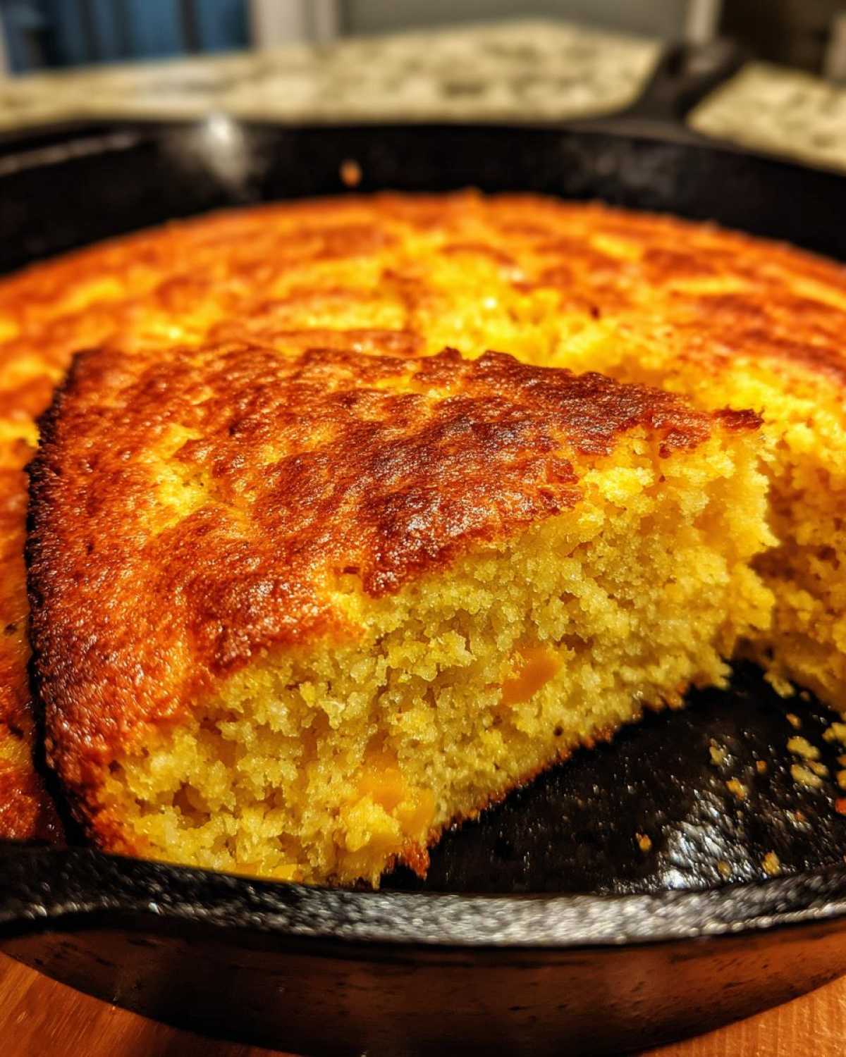 Close-up of a slice of moist, golden cornbread with a dark, crispy crust, resting in a black cast iron skillet.