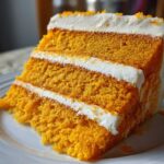 Close-up of a moist, three-layer orange Creamsicle Cake slice with thick white cream cheese frosting.