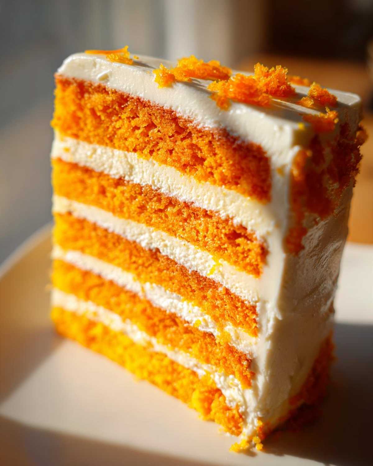 A tall, vibrant slice of Creamsicle Cake showing multiple layers of bright orange cake and white frosting.