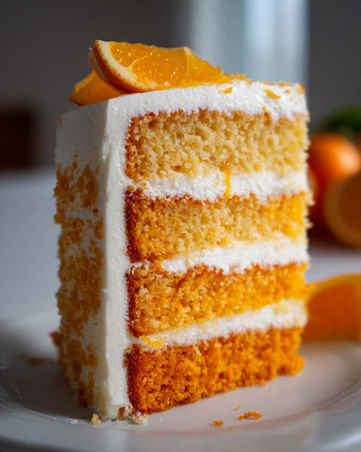 A tall, moist slice of Creamsicle Cake showing four layers of bright orange cake separated by white frosting, topped with an orange slice.