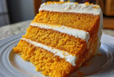 Close-up of a moist, three-layer orange Creamsicle Cake slice with thick white cream cheese frosting.