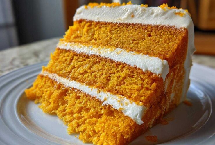 Close-up of a moist, three-layer orange Creamsicle Cake slice with thick white cream cheese frosting.
