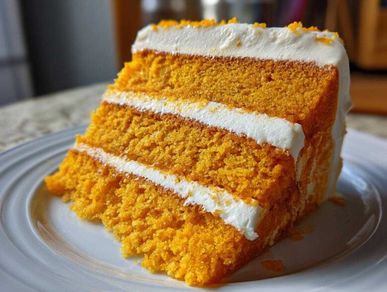 Close-up of a moist, three-layer orange Creamsicle Cake slice with thick white cream cheese frosting.