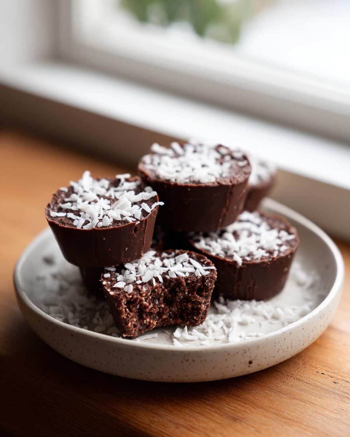A stack of rich, dark No-Bake Chocolate Coconut Protein Cups topped with shredded coconut, one has a bite taken out.