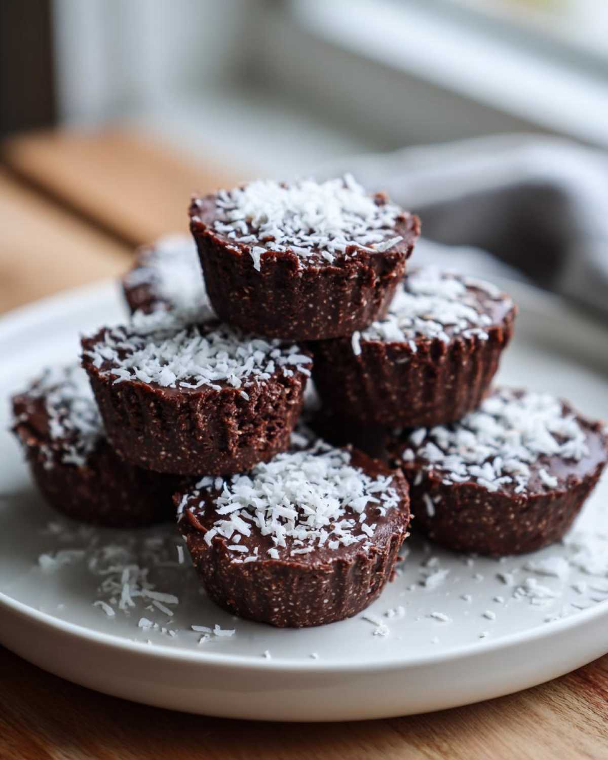 A stack of rich, dark No-Bake Chocolate Coconut Protein Cups topped with shredded coconut on a white plate.