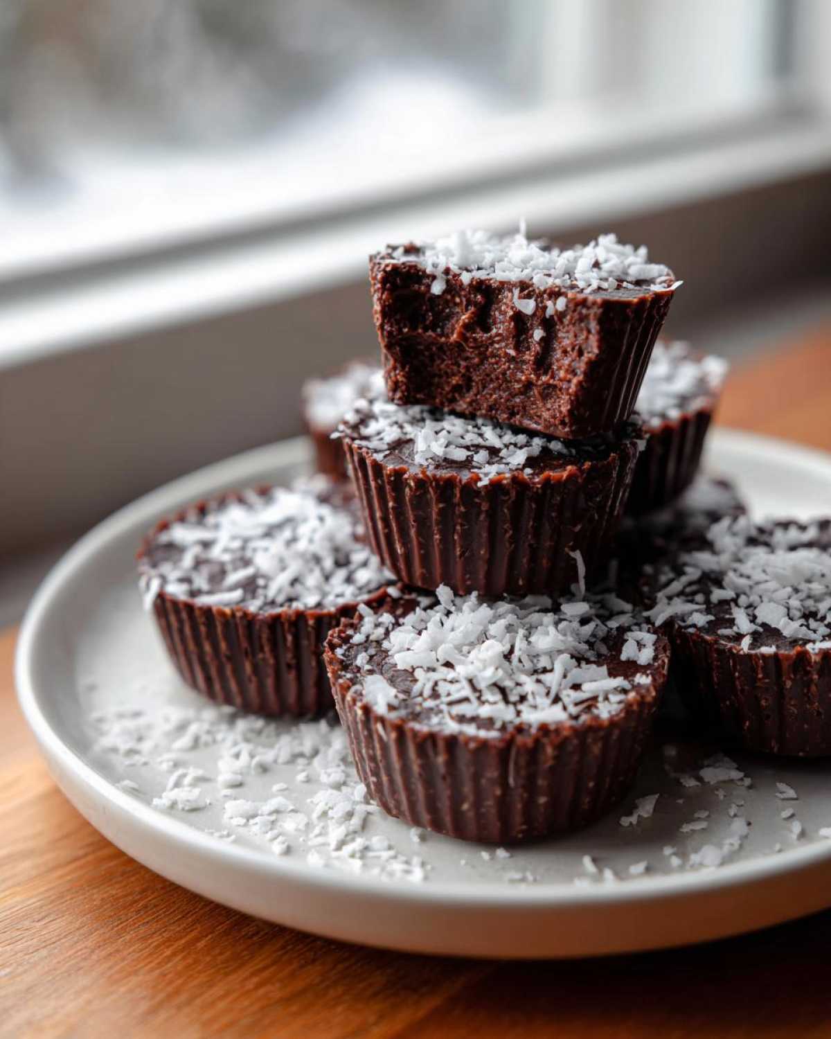 A stack of rich, dark No-Bake Chocolate Coconut Protein Cups topped with shredded coconut.