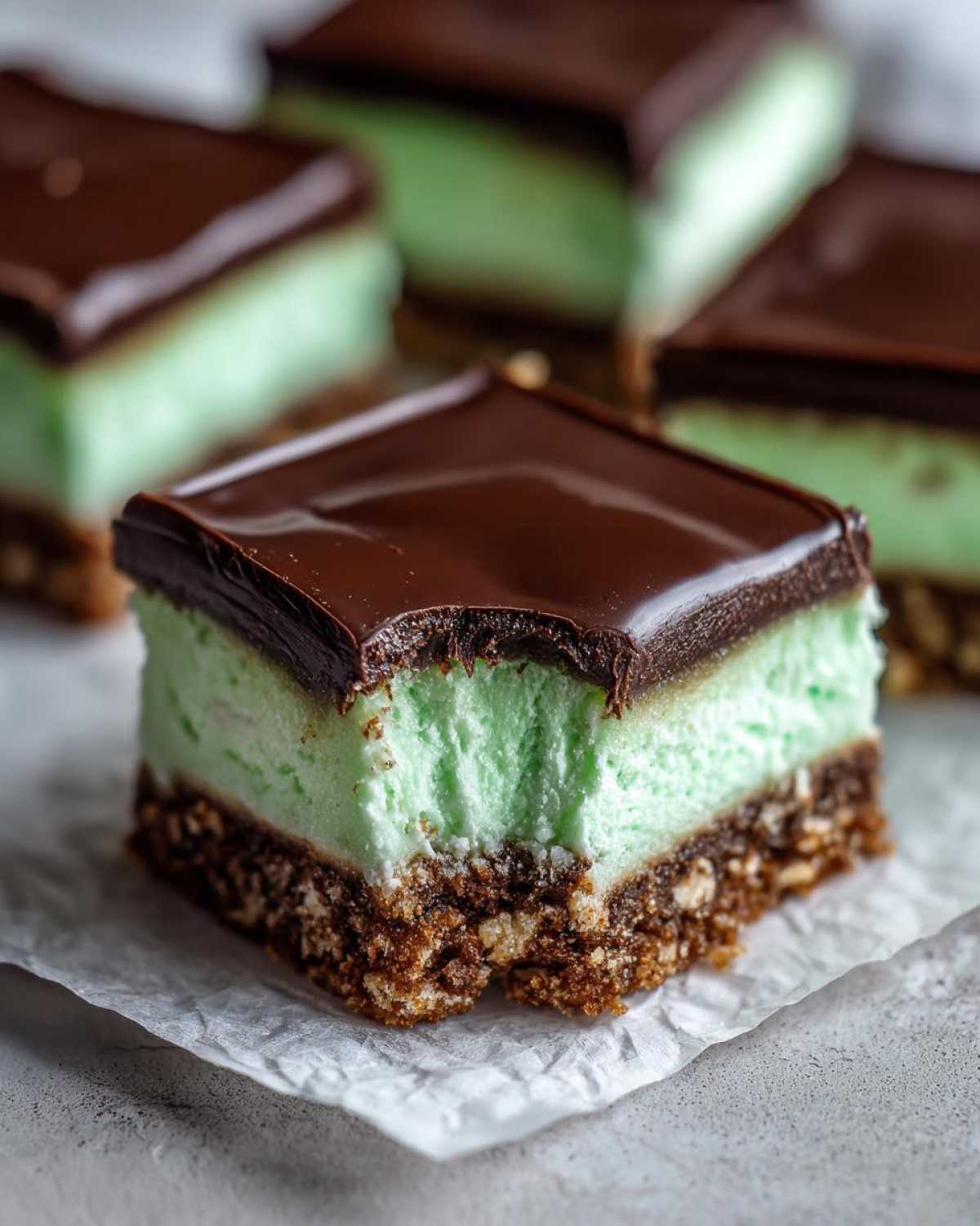A square piece of No-Bake Chocolate Mint Icebox Bars showing a chocolate crust, mint filling, and chocolate ganache topping.