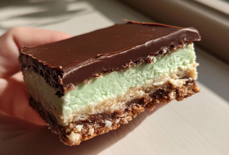 A hand holding a thick slice of No-Bake Chocolate Mint Icebox Bars showing the chocolate top, mint layer, and crumb base.