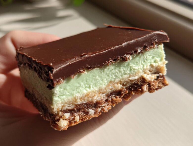 A hand holding a thick slice of No-Bake Chocolate Mint Icebox Bars showing the chocolate top, mint layer, and crumb base.