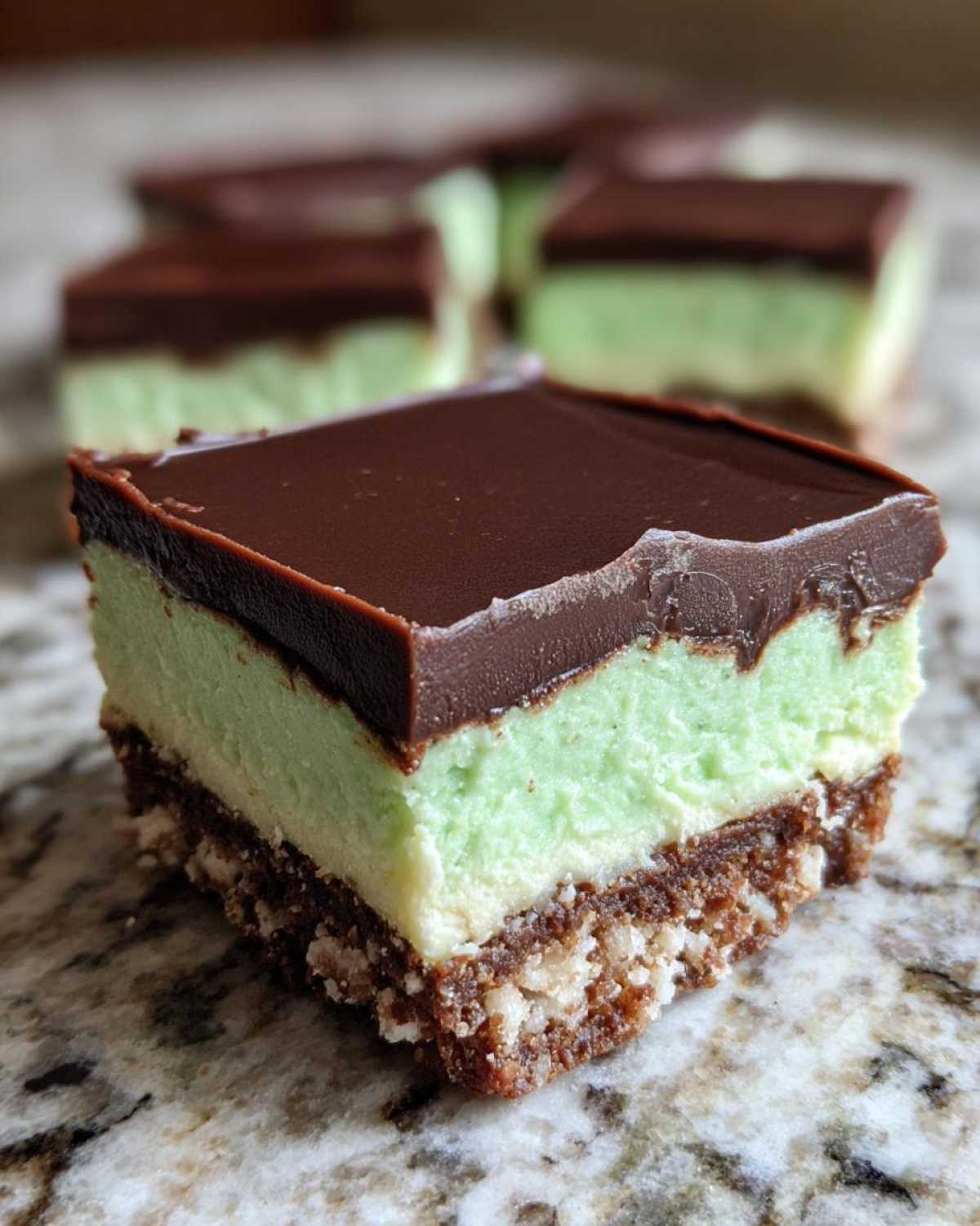 A close-up of a square No-Bake Chocolate Mint Icebox Bars showing the chocolate top, mint layer, and crumb base.